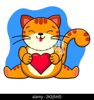 Eine Ingwer lächelnde Katze hält ein rotes Herz in ihren Pfoten. Kinderdruck. Vektorgrafik. Stock Vektor