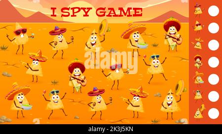 Lustige Cartoon mexikanische Nachos Chips Zeichen, ich Spion Spiel Arbeitsblatt, Vektor-Puzzle. Finde und passe ein Tischrätsel oder ein Kinderrätsel-Brettspiel mit mexikanischen Nachos in Sombrero mit Gitarre und Maracas Stock Vektor