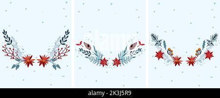 Weihnachtskränze mit roten Beeren, bunten Blättern, Kiefernzweigen, Winterblumen und anderen. Magische Winterkränze. Perfekt für Grußkarten, Poster, Banner.Vektor. Stock Vektor