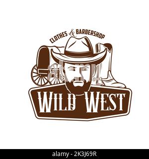 Wild West Cowboy Vektor-Ikone mit Lederhut, Westernstiefeln und Wagen. Rodeo-Cowboy, Wildwest-Reiter oder amerikanischer Bandit mit Bart, Schnurrbart und alter Mütze isoliertes braunes Symbol Stock Vektor