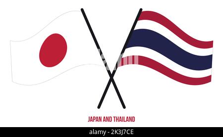 Japan und Thailand Flaggen gekreuzt und winken Flat Style. Offizieller Anteil. Korrigieren Sie Die Farben. Stock Vektor