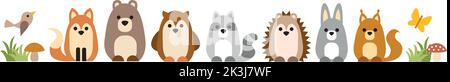 Isolierte Vektorgrafik Illustration von niedlichen Tieren in einem Wald, Igel, Fuchs, Bär, Eichhörnchen, Waschbär, Kaninchen und Eule Stock Vektor