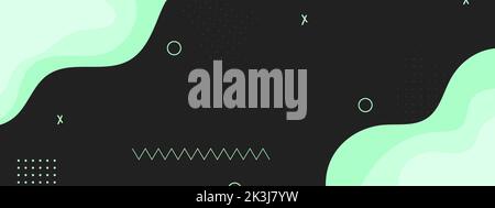 Trendy abstrakt dunklen Hintergrund mit geometrischen leuchtend grünen Formen. Moderne fließende Kulisse mit gradienten Wellen und verschiedenen Figuren. Cooler Hintergrund Stock Vektor