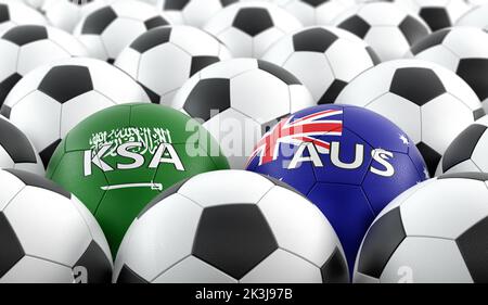 Australien gegen Saudi-Arabien Fußballspiel - Lederbälle in Australien und Saudi-Arabien nationalen Farben. 3D Rendering Stockfoto