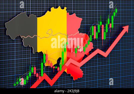 Wirtschaftswachstum in Belgien, Aufwärtstrend, Konzept. 3D Rendering auf blauem, dunklem Hintergrund Stockfoto