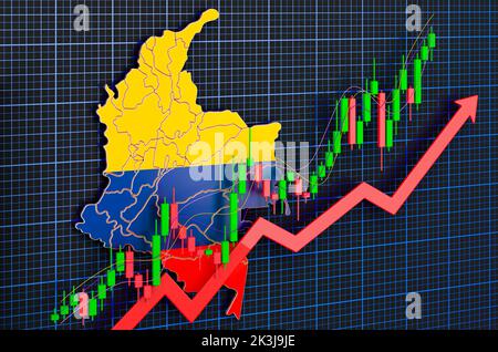 Wirtschaftswachstum in Kolumbien, Aufwärtstrendmarkt, Konzept. 3D Rendering auf blauem, dunklem Hintergrund Stockfoto