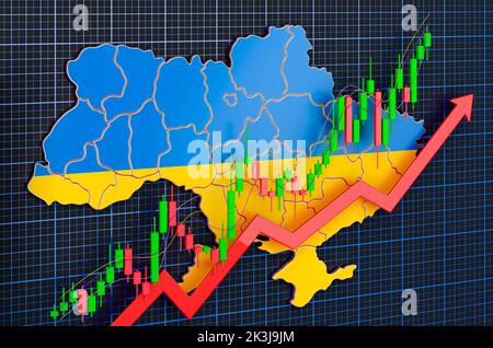 Wirtschaftswachstum in der Ukraine, Aufwärtstrendmarkt, Konzept. 3D Rendering auf blauem, dunklem Hintergrund Stockfoto