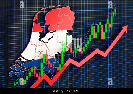Wirtschaftswachstum in den Niederlanden, Aufwärtstrendmarkt, Konzept. 3D Rendering auf blauem, dunklem Hintergrund Stockfoto