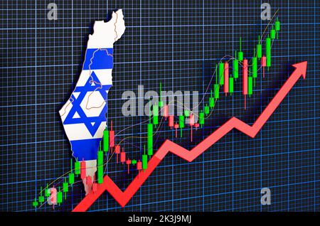 Wirtschaftswachstum in Israel, Aufwärtstrend Markt, Konzept. 3D Rendering auf blauem, dunklem Hintergrund Stockfoto