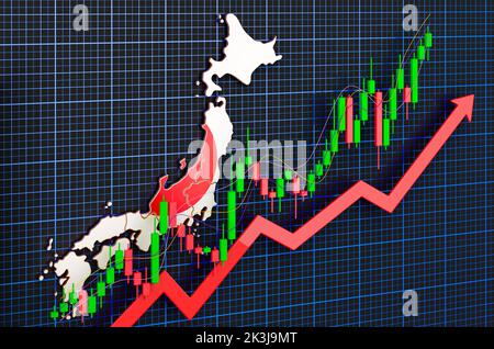 Wirtschaftswachstum in Japan, Aufwärtstrend Markt, Konzept. 3D Rendering auf blauem, dunklem Hintergrund Stockfoto