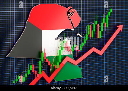 Wirtschaftswachstum in Kuwait, Aufwärtstrend Markt, Konzept. 3D Rendering auf blauem, dunklem Hintergrund Stockfoto