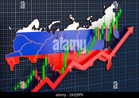 Wirtschaftswachstum in Russland, Aufwärtstrendmarkt, Konzept. 3D Rendering auf blauem, dunklem Hintergrund Stockfoto