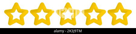 3D fünf goldene Sternensymbole im Cartoon-Stil isoliert auf weißem Hintergrund. Bewertungssymbol. Symbol für Kundenqualität. Vector-Produktbewertung Stock Vektor