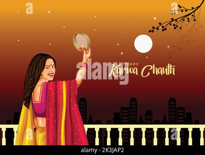 Illustration von Indian Hindu Festival glücklich Karva Chauth Hintergrund mit Paar tun Karwa Chauth. Stock Vektor