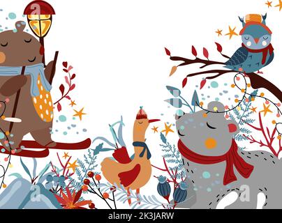 Winter Zusammensetzung ein niedlicher Bär ist Skifahren, lustige Gans, Eisbär im Schal, Eule sitzt einen Baum, Beeren, Blätter und other.Scandinavian lustige animal.Perfect für Grußkarten, Poster, Postkarte, Banner Stock Vektor