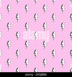 Blitzschlag auf rosa Punktmuster Hintergrund. Vektor mit nahtlosem Muster in Pink. Stock Vektor