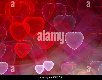 Alles Liebe zum Valentinstag. Leuchtende Neonherzen. Fraktale Abbildung. Stockfoto