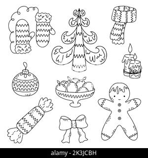 Set aus Silvester- und Weihnachtselementen im handgezeichneten Doodle-Stil. Süßigkeiten, Tannenbaum, Fäustlinge, Illustrationen mit Stechbeeren, Geschenke, Weihnachtsbaum Stock Vektor