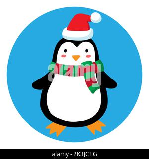 Cartoon Pinguin in einem Schal und Hut. Ein Pinguin in einem rot-grünen Schal und einem Weihnachtsmann-Hut. Illustration für winterweihnachtszeit. Kinderdruck. Vektorgrafik. Stock Vektor