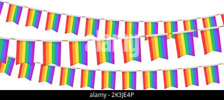 LGBT-Girlande. Regenbogenfarben Wimpel Kette. Party-Ammer Dekoration. Feiersteine für ein stolzes Dekor. Fußzeile und Banner-Hintergrund Stock Vektor