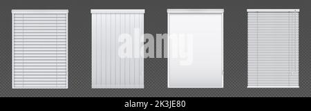 Fenster mit Jalousie und Rollladenvorhängen. Kunststoff pvc Einflüßigen Jalousien Vorderansicht. Home Fassade Design-Elemente isoliert auf transparentem Hintergrund, realistische 3D Vektor-Illustration, Set Stock Vektor