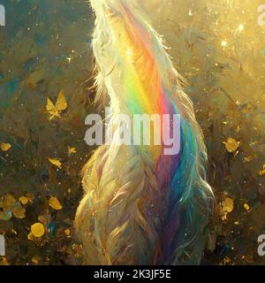 Regenbogen im Unicorn-Schwanz, bunte digitale Kunst Illustration im goldenen Cartoon-Stil mit Funkeln. Stockfoto