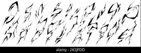 Schwarze Blitze, Gewitter. Erdboden, Fels- oder Bodenrisse, Vektorgrafik. Elektrische Schläge, Blitze isoliert auf weißem Hintergrund Stock Vektor