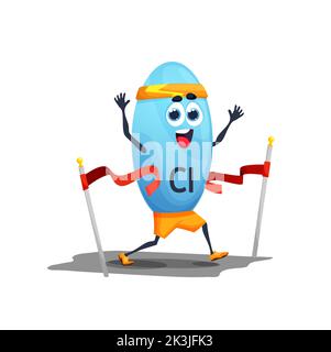 Cartoon chlorium Sportler Charakter beendet. Lustige Vektor-Athlet CL Personage überqueren roten Band im Ziel während des Laufens Rennen, Marathon, Sport-Wettbewerb. Champion chemisches Element, gesundes Leben Stock Vektor