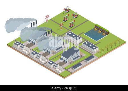 Isometrische Industrieschornsteine mit starkem Rauch, der Luftverschmutzung verursacht. Durch Emission von CO2 verschmutzte Umwelt. Klima hange Roblem, Gesundheitsversorgung für Stock Vektor