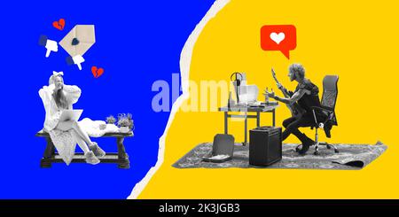 Collage zeitgenössischer Kunst. Junger Mann und Frau lesen Nachrichten online mit Emotionen. Soziale Informationen. Stockfoto