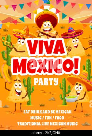 Viva Mexico Partyflyer mit mexikanischen Nachos-Chips-Figuren, Vektor-Hintergrund. Lateinisches Festtagsfest und Musik-Party-Poster mit mariachi-Cartoon-Nachos in Sombreros mit Gitarre, Maraca und Guacamole Stock Vektor