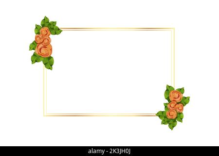 Goldener Rahmen mit Rosen Blumen und Blätter in Cartoon-Stil isoliert auf weißem Hintergrund dekoriert. Vorlage für Begrüßung, Einladung. Vektorgrafik Stock Vektor