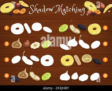 Shadow Matching-Spiel Arbeitsblatt. Getrocknete Früchte. Kinder Quiz oder Rätsel, Vorschulkinder Lernspiel oder Kinder Vektor-Puzzle mit getrockneten Pflaume, Mango und Feige, Dogwood, Zitrone und Kiwi, Ananas Stock Vektor