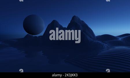 Schöne abstrakte Landschaften seltsame Mond Licht Wüste Dünen Wasser Reflexionen Nachtszene. 3D Rendering Illustration Hintergrund Muster für Design Stockfoto