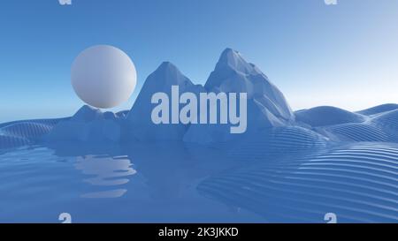 Schöne abstrakte Landschaften montane seltsame Mond Licht Wüste Dünen Wasser Reflexionen Nachtszene. 3D Rendering Illustration Hintergrundmuster für Stockfoto