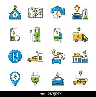 Symbole für die Ladefarbe von Elektroautos. EV-Fahrzeug-Batterie Strom aufladen Hybrid-Auto Ladestation Umriss Vektor-Symbole mit Ladestationen Karte, Stecker und elektrische Auto-Motor Symbole gesetzt Stock Vektor