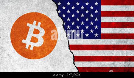 USA und Bitcoin Symbol zusammen. Kryptowährung in Amerika. Beziehungen zwischen Bitcoin und den Vereinigten Staaten von Amerika Stockfoto