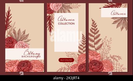 Legen Sie Vorlagen für Meldungen in sozialen Medien fest. Herbstdesign mit handgezeichneten modernen Blumenkompositionen. Vektorgrafik Stock Vektor