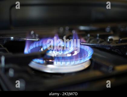 Das Kochen mit Gas wird schwierig, da die Lebenshaltungskosten auf katastrophalem Niveau steigen. Nationale Energiekrise. Blaue Flamme auf einem Gasring des Herdes. Stockfoto