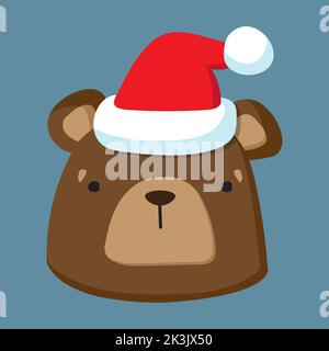 Cartoon Braunbär trägt einen Weihnachtsmann Hut. Illustration für winterweihnachtszeit. Kinderdruck. Vektorgrafik. Stock Vektor