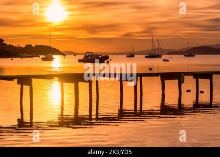 Schöner Blick auf den goldenen Sonnenuntergang über der Bucht mit Dock und Booten an der französischen riviera im Sommer Stockfoto