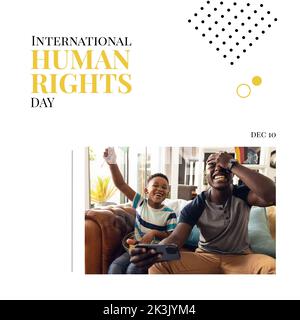 afroamerikanischer Vater und Sohn genießen zu Hause und den internationalen Menschenrechtstag, dez 10 Text Stockfoto