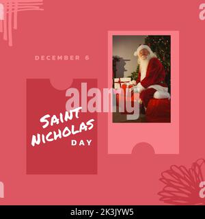 Komposition des nikolaus-Tages-Textes und des weihnachtsmannes mit Geschenken Stockfoto