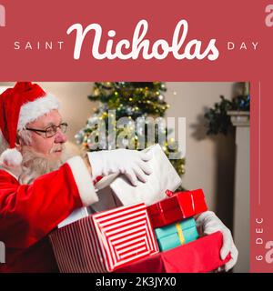 Komposition des nikolaus-Tages-Textes über dem weihnachtsmann mit Geschenken Stockfoto