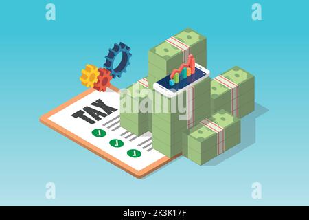 Isometrische Steuerzahlung und Geschäftskonzept. Vektorgrafik Stock Vektor