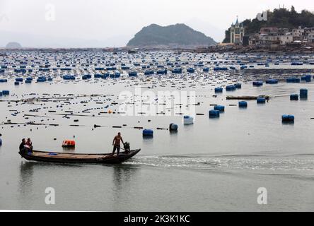 NINGDE, CHIAN - 23. SEPTEMBER 2022 - in Ningde City, Provinz Fujian, China, arbeiten Aquakulturarbeiter am 23. September 2022. Stockfoto