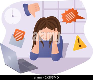 Psychische Gesundheit Problem, Burnout und Stress Konzept. Müde Frau am Schreibtisch mit Computer. Erschöpft, frustriert, anstrengend Arbeiter, Burnout. Mitarbeiter arbeitet fristgerecht Überstunden. Vektorgrafik. Stock Vektor