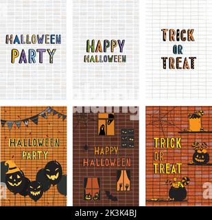 Handgezeichnete Vektor-Illustration von Halloween Grußkarte set.Happy Halloween, Party, Trick or Treat niedlichen Schriftart. Stock Vektor