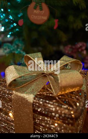 Nahaufnahme von Weihnachtsgeschenk-Box, elektrischen blauen Girlanden, Tannenzweig und Weihnachtsbaum Dekoration. Stockfoto