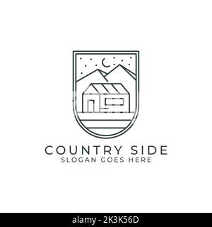 Country Side Outline Logo Design Quadrat. Vector Line Platz mit Kabinen für Naturlandschaft. Stock Vektor